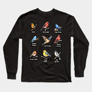 Garden Birds Oriole-Red Crossbill-Indigo Bunting-Mountain BlueBird-Barn Swallow Long Sleeve T-Shirt